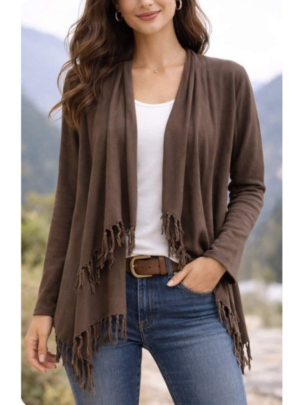 Garnet Hill Brown Cardigan Cotton/Cashmere Blend Fringed Size XS Western Boho
